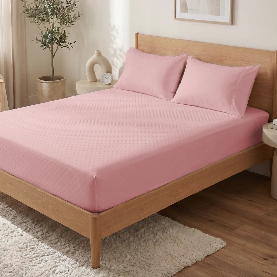 Fitted Bedsheet Set | Swiss Dot | 100% Cotton Bedsheet + 2 Pillow Cases [Sizes: King Bedsheets & Queen/ Double Bedsheets] | 300TC - Swiss-Dot-Cameo-Rose