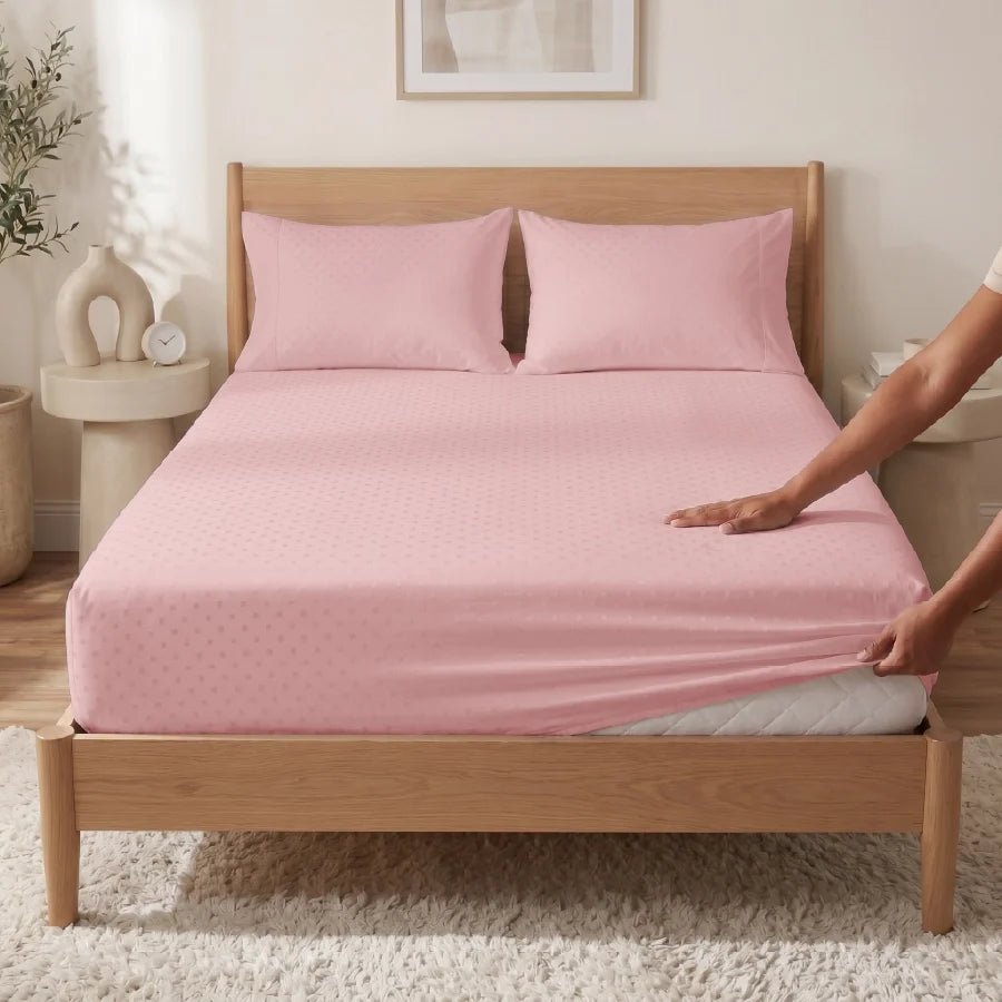 Fitted Bedsheet Set | Swiss Dot | 100% Cotton Bedsheet + 2 Pillow Cases [Sizes: King Bedsheets & Queen/ Double Bedsheets] | 300TC - Swiss-Dot-Cameo-Rose