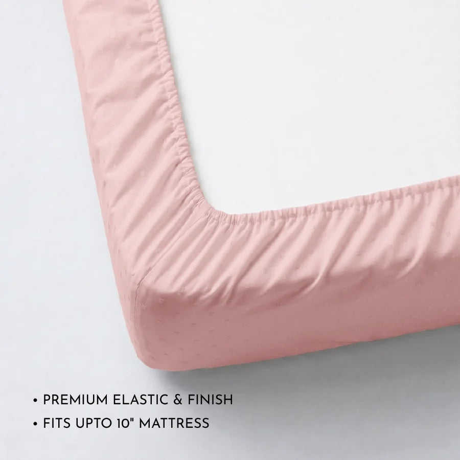 Fitted Bedsheet Set | Swiss Dot | 100% Cotton Bedsheet + 2 Pillow Cases [Sizes: King Bedsheets & Queen/ Double Bedsheets] | 300TC - Swiss-Dot-Cameo-Rose