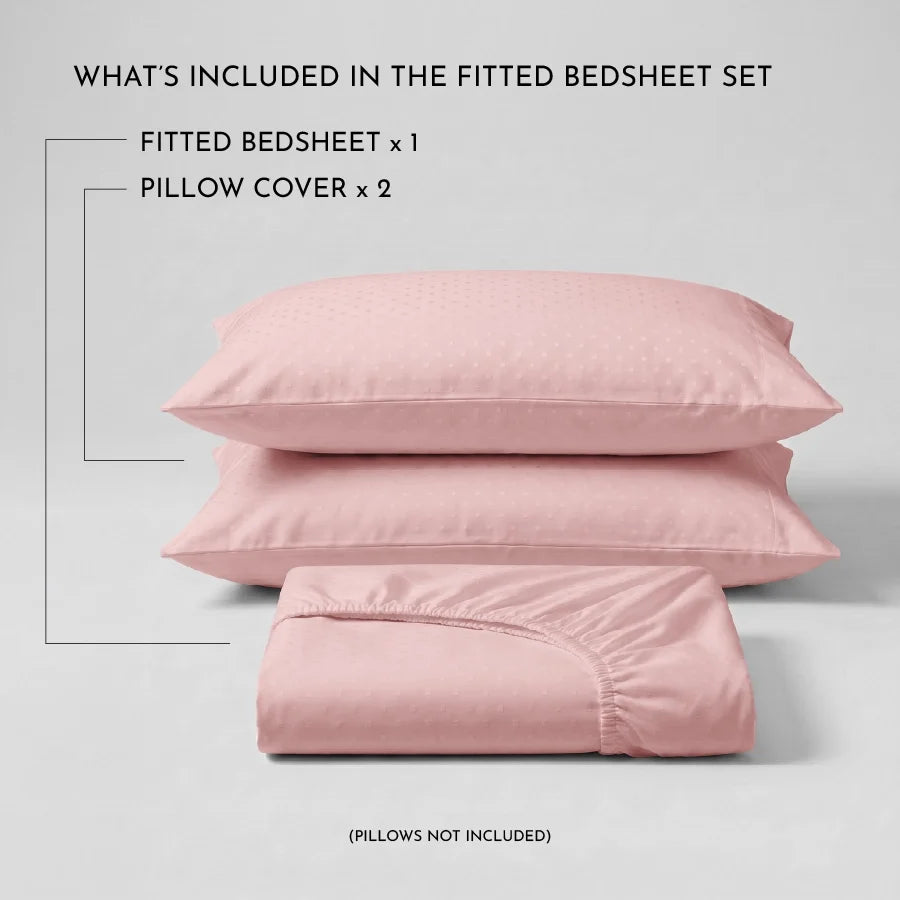 Fitted Bedsheet Set | Swiss Dot | 100% Cotton Bedsheet + 2 Pillow Cases [Sizes: King Bedsheets & Queen/ Double Bedsheets] | 300TC - Swiss-Dot-Cameo-Rose