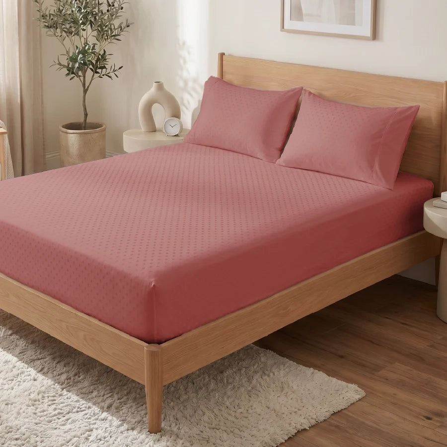 Fitted Bedsheet Set | Swiss Dot | 100% Cotton Bedsheet + 2 Pillow Cases [Sizes: King Bedsheets & Queen/ Double Bedsheets] | 300TC - Swiss-Dot-Desert-Sand