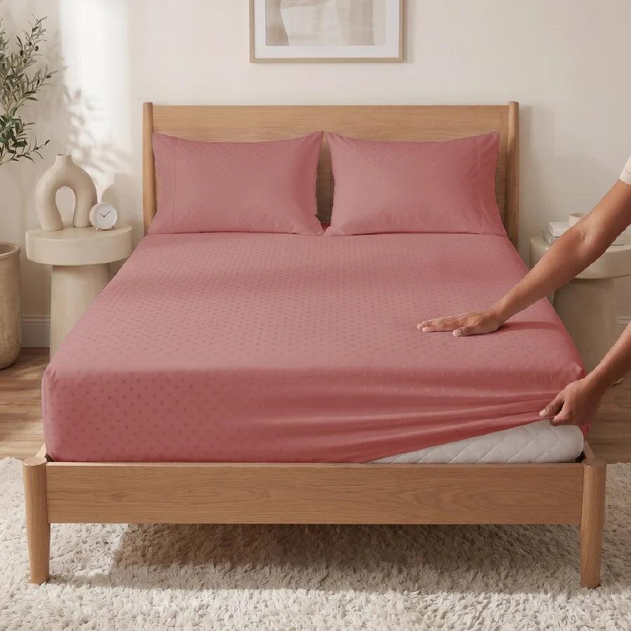 Fitted Bedsheet Set | Swiss Dot | 100% Cotton Bedsheet + 2 Pillow Cases [Sizes: King Bedsheets & Queen/ Double Bedsheets] | 300TC - Swiss-Dot-Desert-Sand