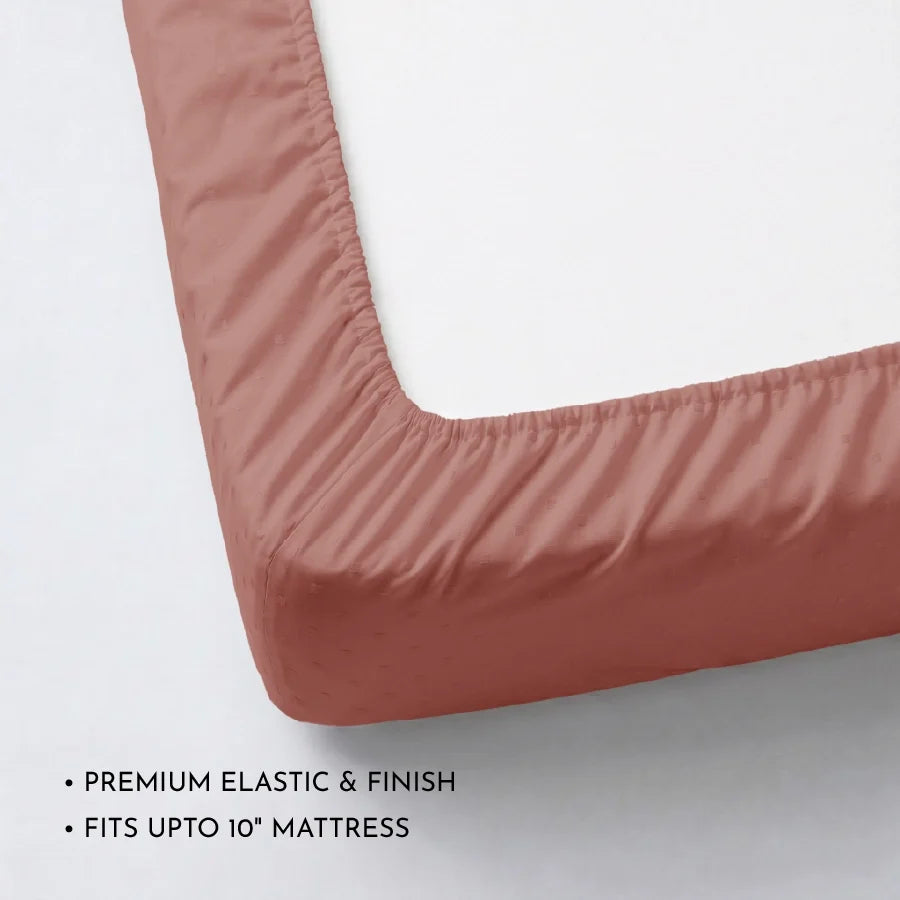 Fitted Bedsheet Set | Swiss Dot | 100% Cotton Bedsheet + 2 Pillow Cases [Sizes: King Bedsheets & Queen/ Double Bedsheets] | 300TC - Swiss-Dot-Desert-Sand