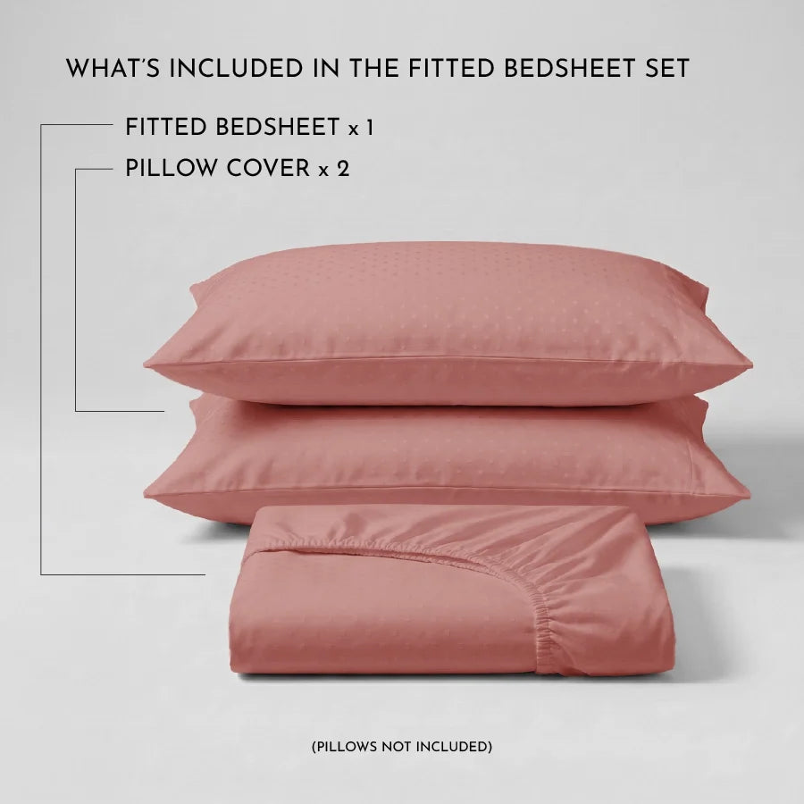 Fitted Bedsheet Set | Swiss Dot | 100% Cotton Bedsheet + 2 Pillow Cases [Sizes: King Bedsheets & Queen/ Double Bedsheets] | 300TC - Swiss-Dot-Desert-Sand