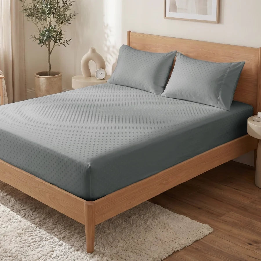 Fitted Bedsheet Set | Swiss Dot | 100% Cotton Bedsheet + 2 Pillow Cases [Sizes: King Bedsheets & Queen/ Double Bedsheets] | 300TC - Swiss-Dot-Paloma-Grey