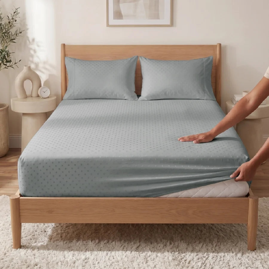 Fitted Bedsheet Set | Swiss Dot | 100% Cotton Bedsheet + 2 Pillow Cases [Sizes: King Bedsheets & Queen/ Double Bedsheets] | 300TC - Swiss-Dot-Paloma-Grey