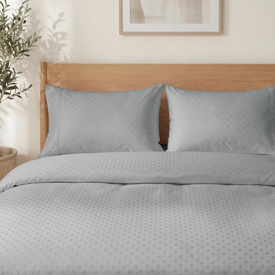 Fitted Bedsheet Set | Swiss Dot | 100% Cotton Bedsheet + 2 Pillow Cases [Sizes: King Bedsheets & Queen/ Double Bedsheets] | 300TC - Swiss-Dot-Paloma-Grey