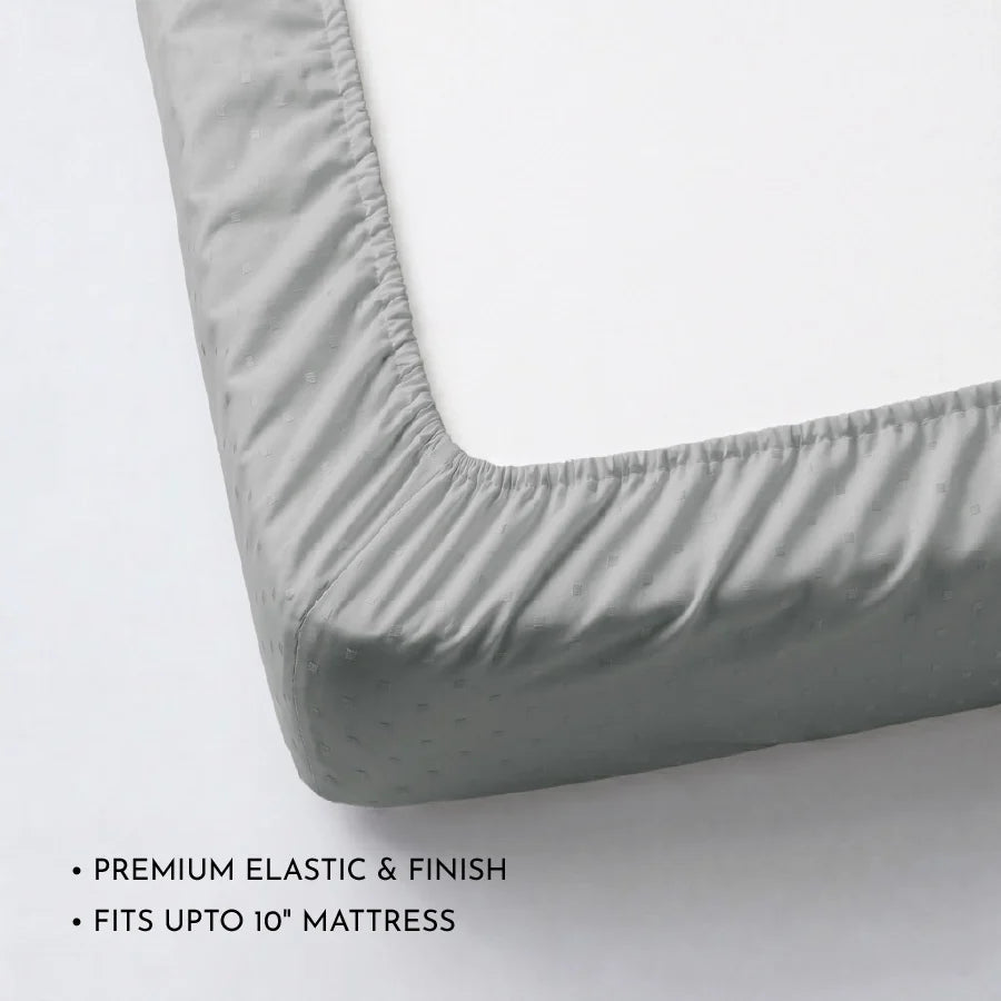 Fitted Bedsheet Set | Swiss Dot | 100% Cotton Bedsheet + 2 Pillow Cases [Sizes: King Bedsheets & Queen/ Double Bedsheets] | 300TC - Swiss-Dot-Paloma-Grey