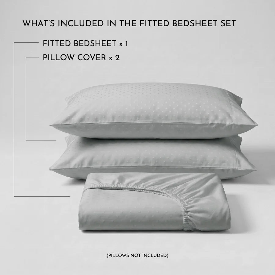 Fitted Bedsheet Set | Swiss Dot | 100% Cotton Bedsheet + 2 Pillow Cases [Sizes: King Bedsheets & Queen/ Double Bedsheets] | 300TC - Swiss-Dot-Paloma-Grey