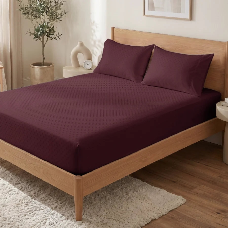 Fitted Bedsheet Set | Swiss Dot | 100% Cotton Bedsheet + 2 Pillow Cases [Sizes: King Bedsheets & Queen/ Double Bedsheets] | 300TC - Swiss-Dot-Merlot