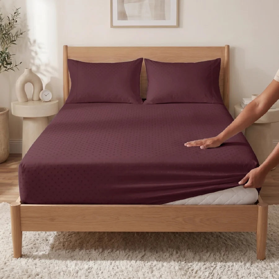 Fitted Bedsheet Set | Swiss Dot | 100% Cotton Bedsheet + 2 Pillow Cases [Sizes: King Bedsheets & Queen/ Double Bedsheets] | 300TC - Swiss-Dot-Merlot