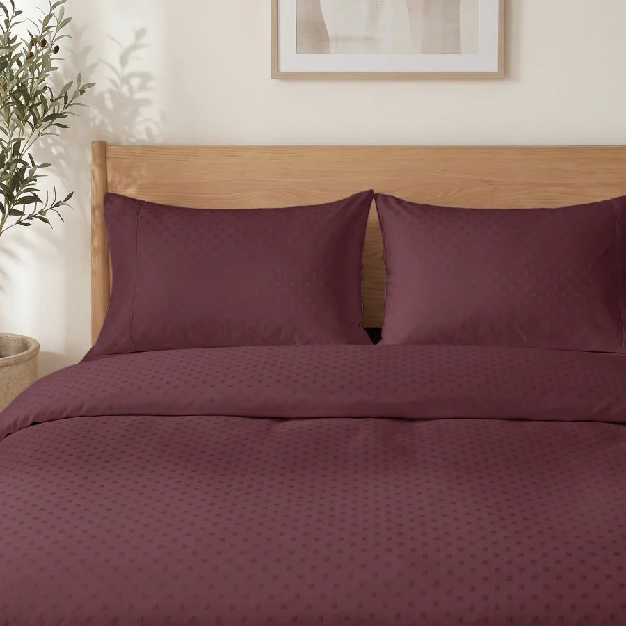 Fitted Bedsheet Set | Swiss Dot | 100% Cotton Bedsheet + 2 Pillow Cases [Sizes: King Bedsheets & Queen/ Double Bedsheets] | 300TC - Swiss-Dot-Merlot