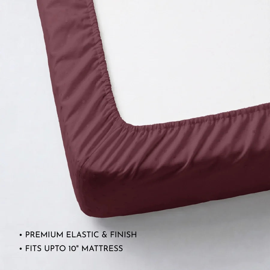 Fitted Bedsheet Set | Swiss Dot | 100% Cotton Bedsheet + 2 Pillow Cases [Sizes: King Bedsheets & Queen/ Double Bedsheets] | 300TC - Swiss-Dot-Merlot