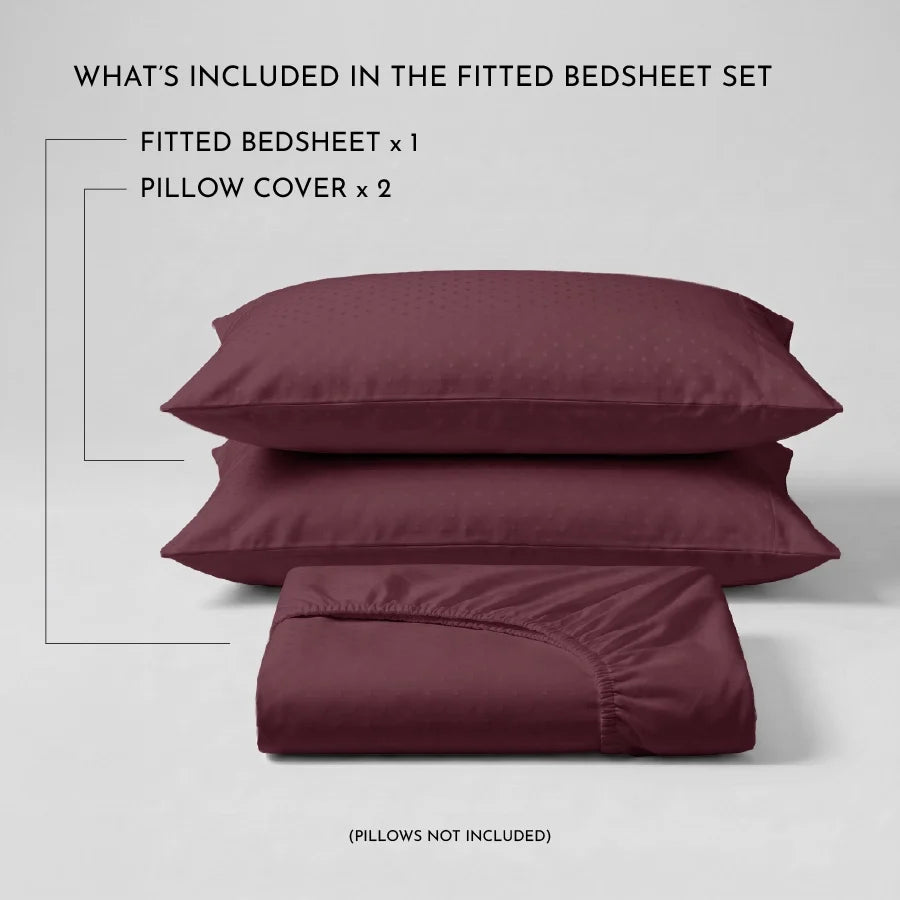 Fitted Bedsheet Set | Swiss Dot | 100% Cotton Bedsheet + 2 Pillow Cases [Sizes: King Bedsheets & Queen/ Double Bedsheets] | 300TC - Swiss-Dot-Merlot