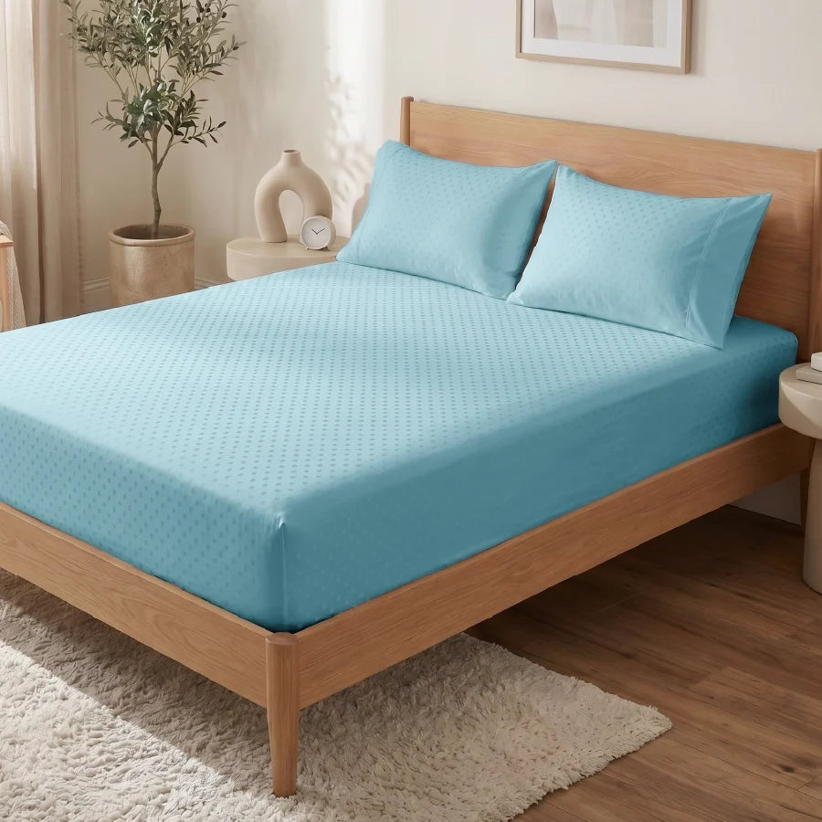 Fitted Bedsheet Set | Swiss Dot | 100% Cotton Bedsheet + 2 Pillow Cases [Sizes: King Bedsheets & Queen/ Double Bedsheets] | 300TC - Swiss-Dot-Sky-Blue