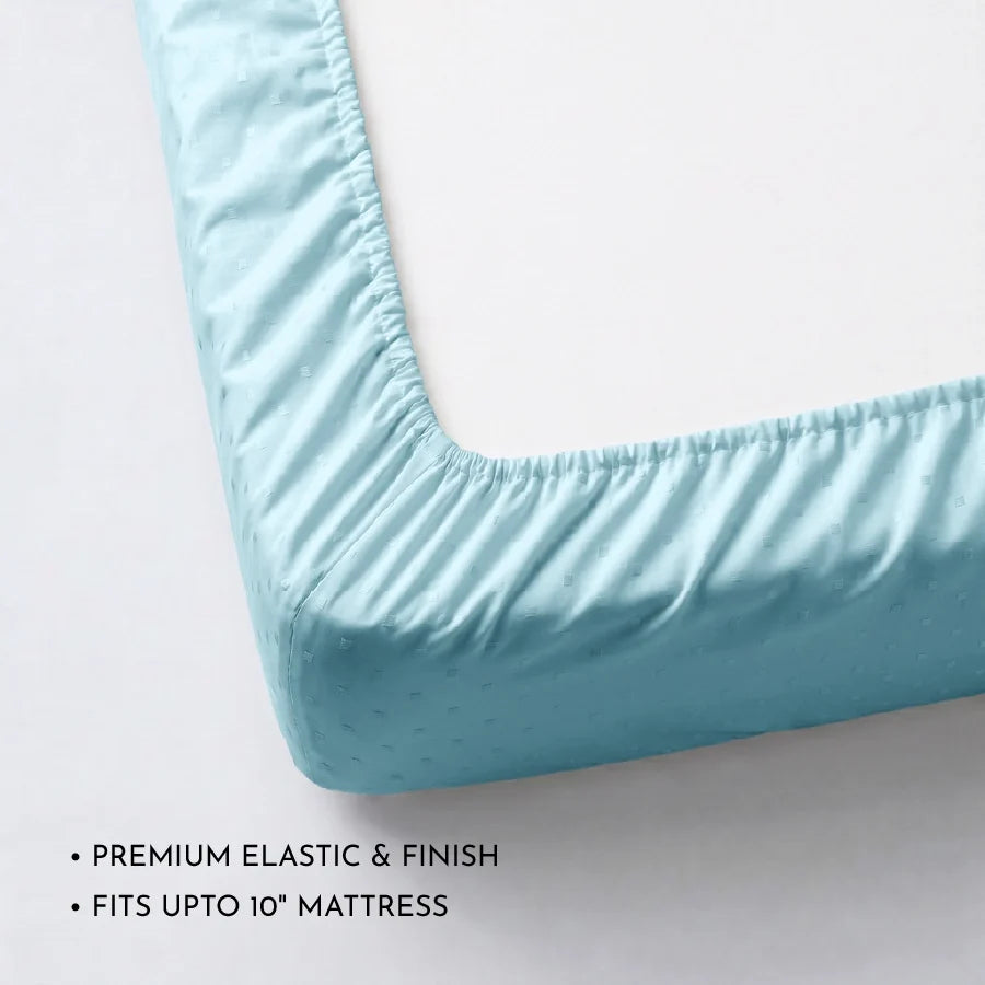 Fitted Bedsheet Set | Swiss Dot | 100% Cotton Bedsheet + 2 Pillow Cases [Sizes: King Bedsheets & Queen/ Double Bedsheets] | 300TC - Swiss-Dot-Sky-Blue