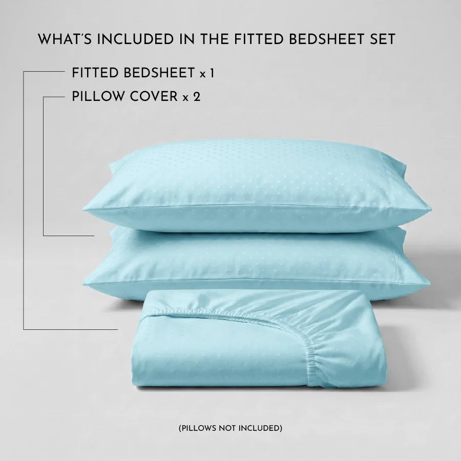 Fitted Bedsheet Set | Swiss Dot | 100% Cotton Bedsheet + 2 Pillow Cases [Sizes: King Bedsheets & Queen/ Double Bedsheets] | 300TC - Swiss-Dot-Sky-Blue