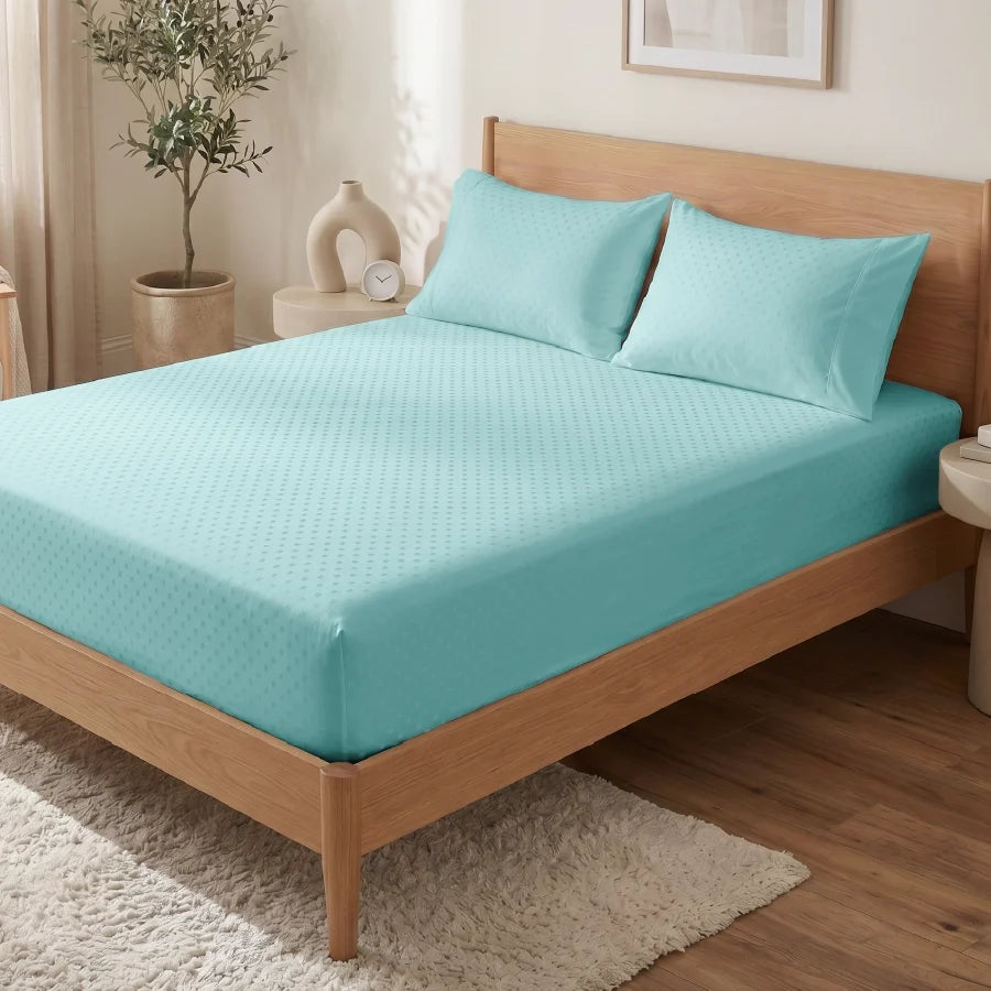 Fitted Bedsheet Set | Swiss Dot | 100% Cotton Bedsheet + 2 Pillow Cases [Sizes: King Bedsheets & Queen/ Double Bedsheets] | 300TC - Swiss-Dot-Pale-Turquoise