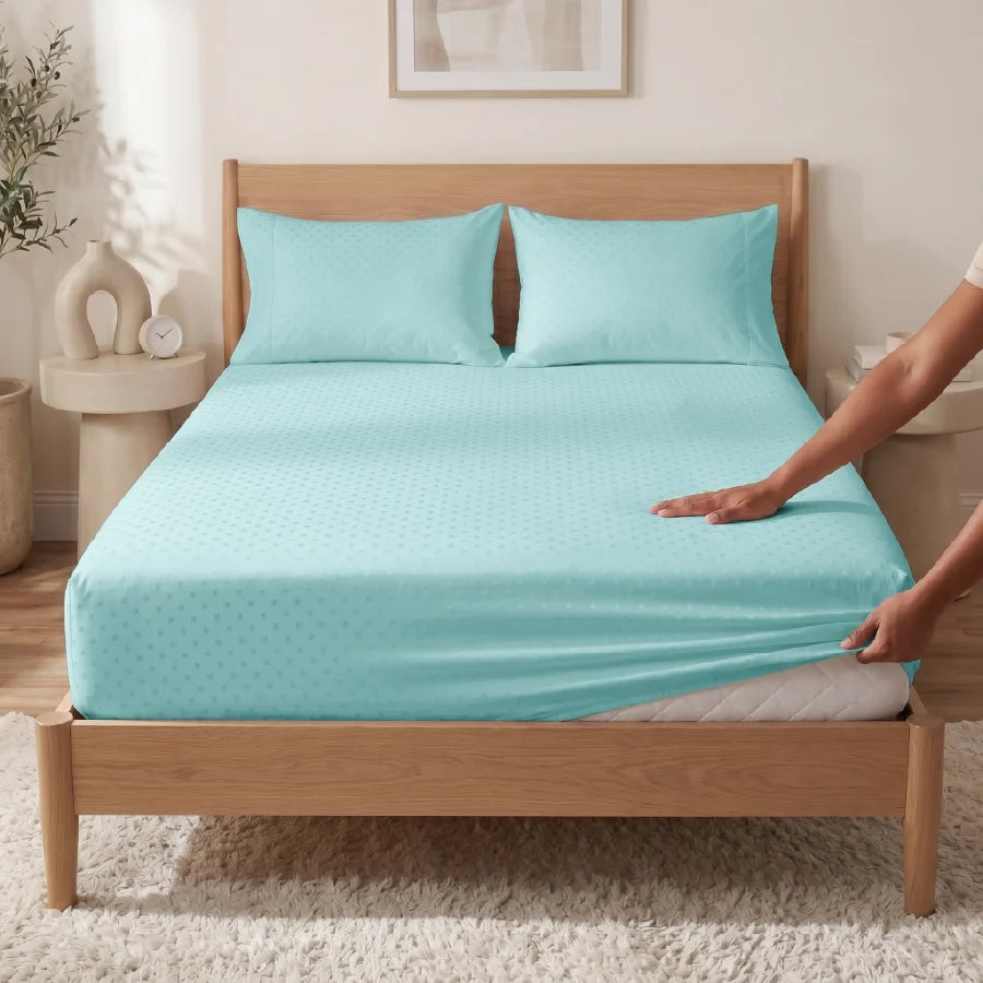 Fitted Bedsheet Set | Swiss Dot | 100% Cotton Bedsheet + 2 Pillow Cases [Sizes: King Bedsheets & Queen/ Double Bedsheets] | 300TC - Swiss-Dot-Pale-Turquoise