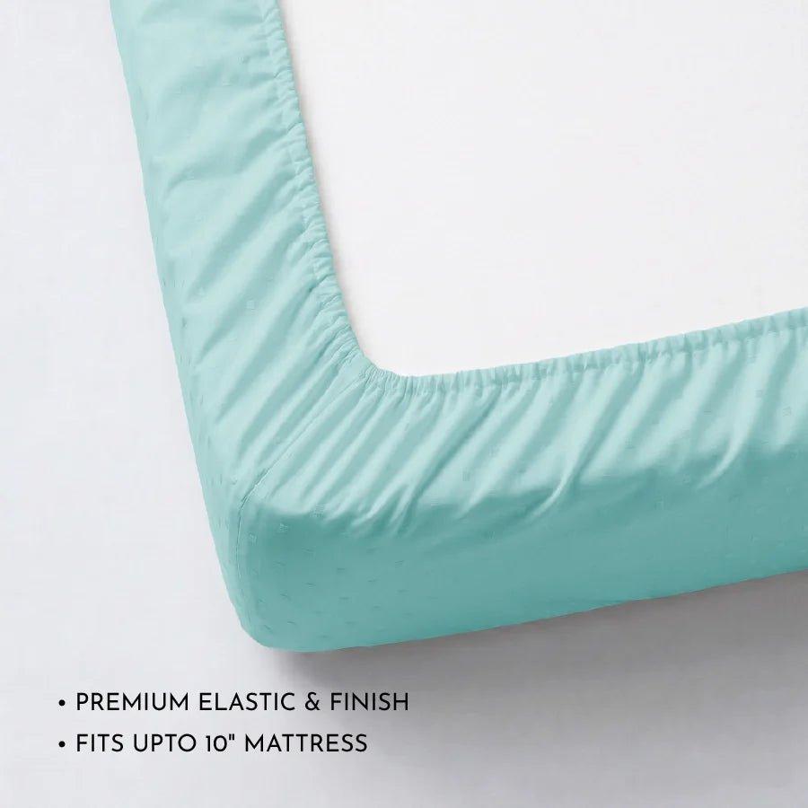 Fitted Bedsheet Set | Swiss Dot | 100% Cotton Bedsheet + 2 Pillow Cases [Sizes: King Bedsheets & Queen/ Double Bedsheets] | 300TC - Swiss-Dot-Pale-Turquoise