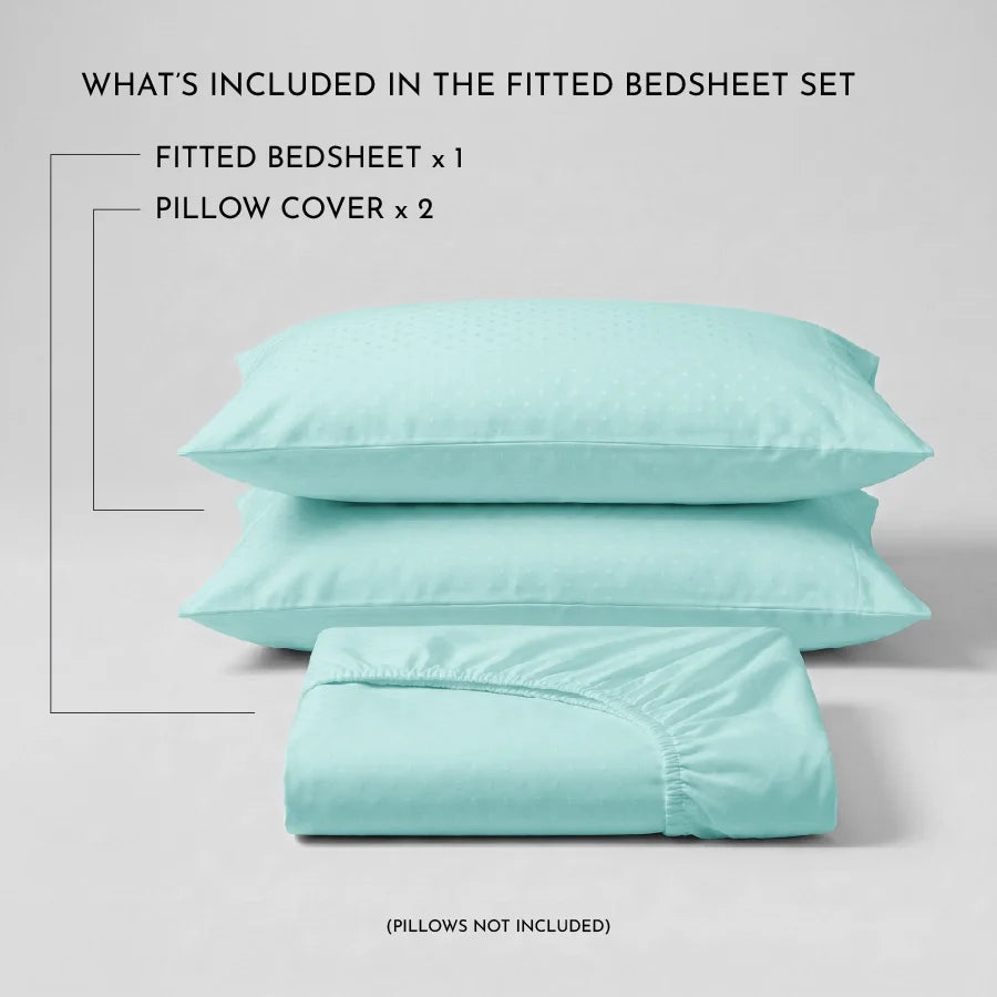 Fitted Bedsheet Set | Swiss Dot | 100% Cotton Bedsheet + 2 Pillow Cases [Sizes: King Bedsheets & Queen/ Double Bedsheets] | 300TC - Swiss-Dot-Pale-Turquoise