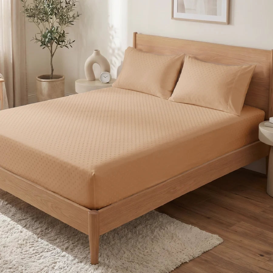 Fitted Bedsheet Set | Swiss Dot | 100% Cotton Bedsheet + 2 Pillow Cases [Sizes: King Bedsheets & Queen/ Double Bedsheets] | 300TC - Swiss-Dot-Toasted-Almond