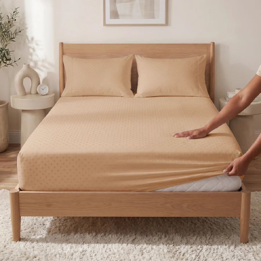 Fitted Bedsheet Set | Swiss Dot | 100% Cotton Bedsheet + 2 Pillow Cases [Sizes: King Bedsheets & Queen/ Double Bedsheets] | 300TC - Swiss-Dot-Toasted-Almond