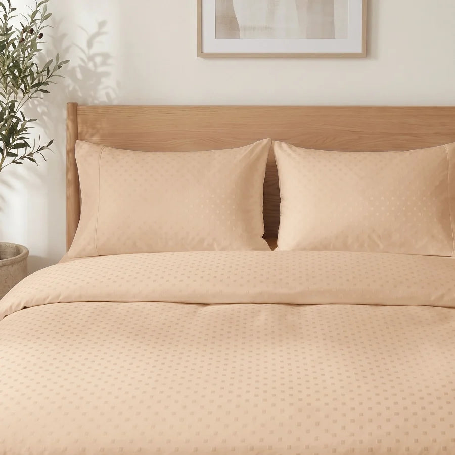 Fitted Bedsheet Set | Swiss Dot | 100% Cotton Bedsheet + 2 Pillow Cases [Sizes: King Bedsheets & Queen/ Double Bedsheets] | 300TC - Swiss-Dot-Toasted-Almond