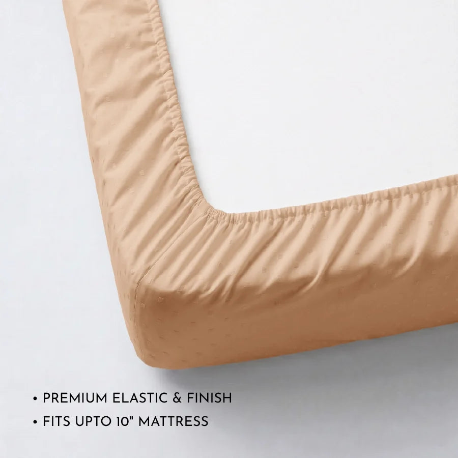 Fitted Bedsheet Set | Swiss Dot | 100% Cotton Bedsheet + 2 Pillow Cases [Sizes: King Bedsheets & Queen/ Double Bedsheets] | 300TC - Swiss-Dot-Toasted-Almond