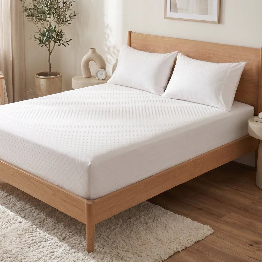 Fitted Bedsheet Set | Swiss Dot | 100% Cotton Bedsheet + 2 Pillow Cases [Sizes: King Bedsheets & Queen/ Double Bedsheets] | 300TC - Swiss-Dot-White