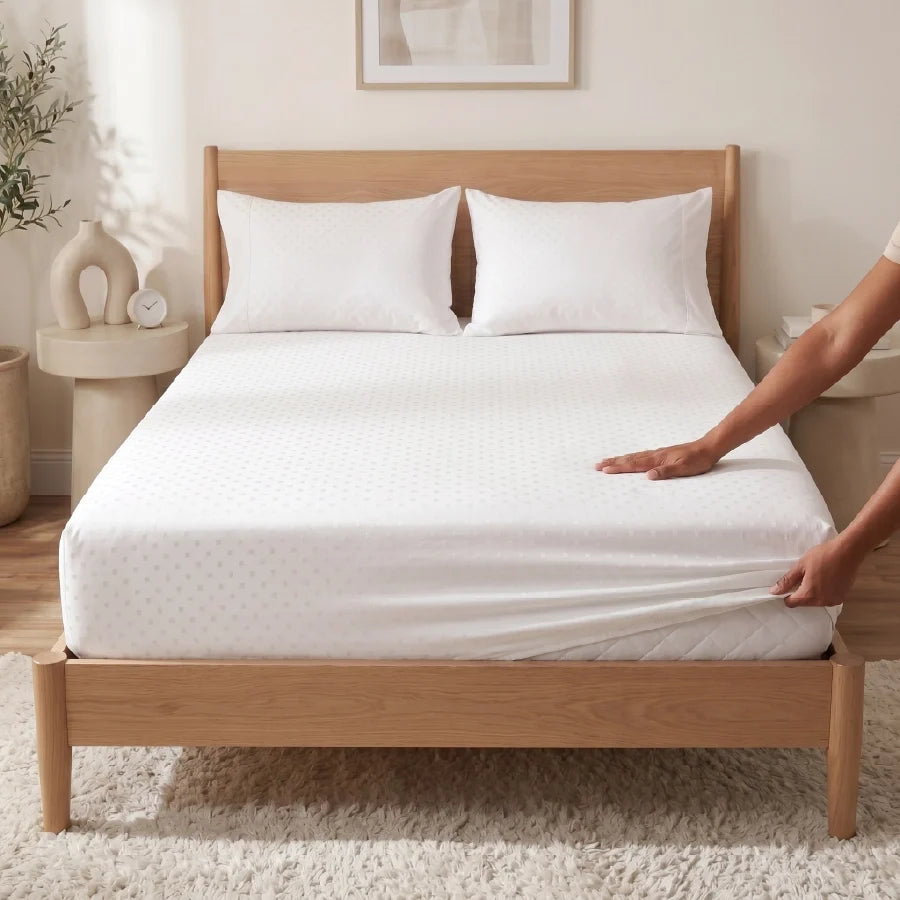 Fitted Bedsheet Set | Swiss Dot | 100% Cotton Bedsheet + 2 Pillow Cases [Sizes: King Bedsheets & Queen/ Double Bedsheets] | 300TC - Swiss-Dot-White