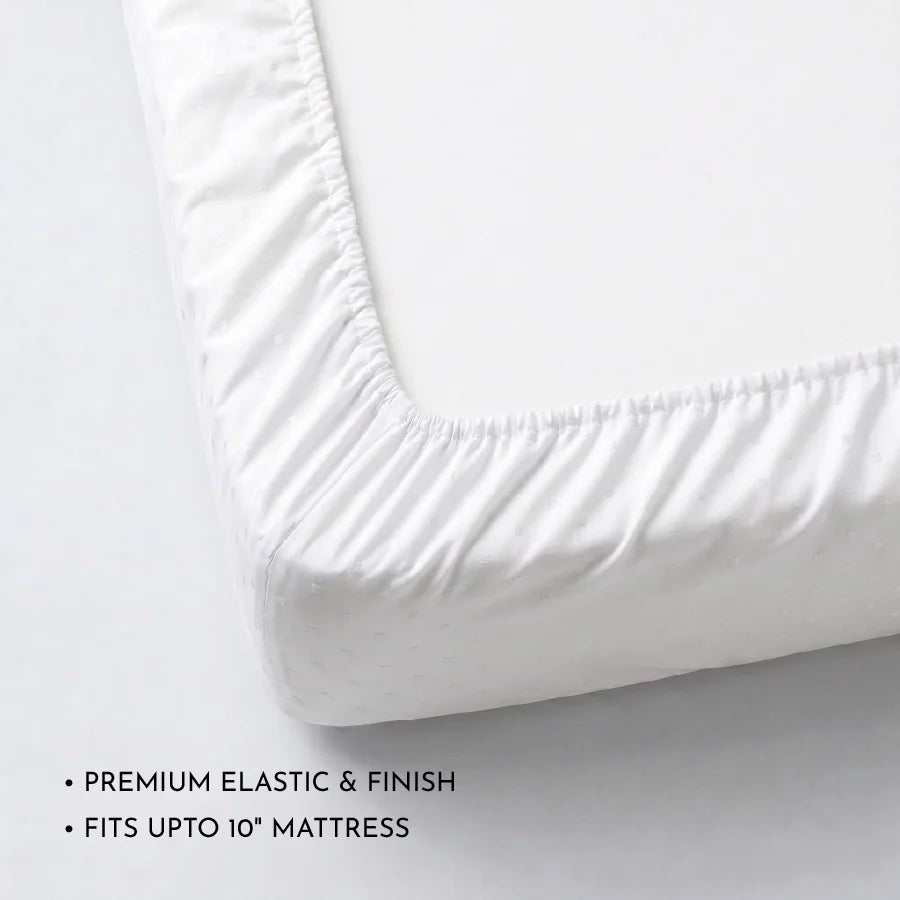 Fitted Bedsheet Set | Swiss Dot | 100% Cotton Bedsheet + 2 Pillow Cases [Sizes: King Bedsheets & Queen/ Double Bedsheets] | 300TC - Swiss-Dot-White