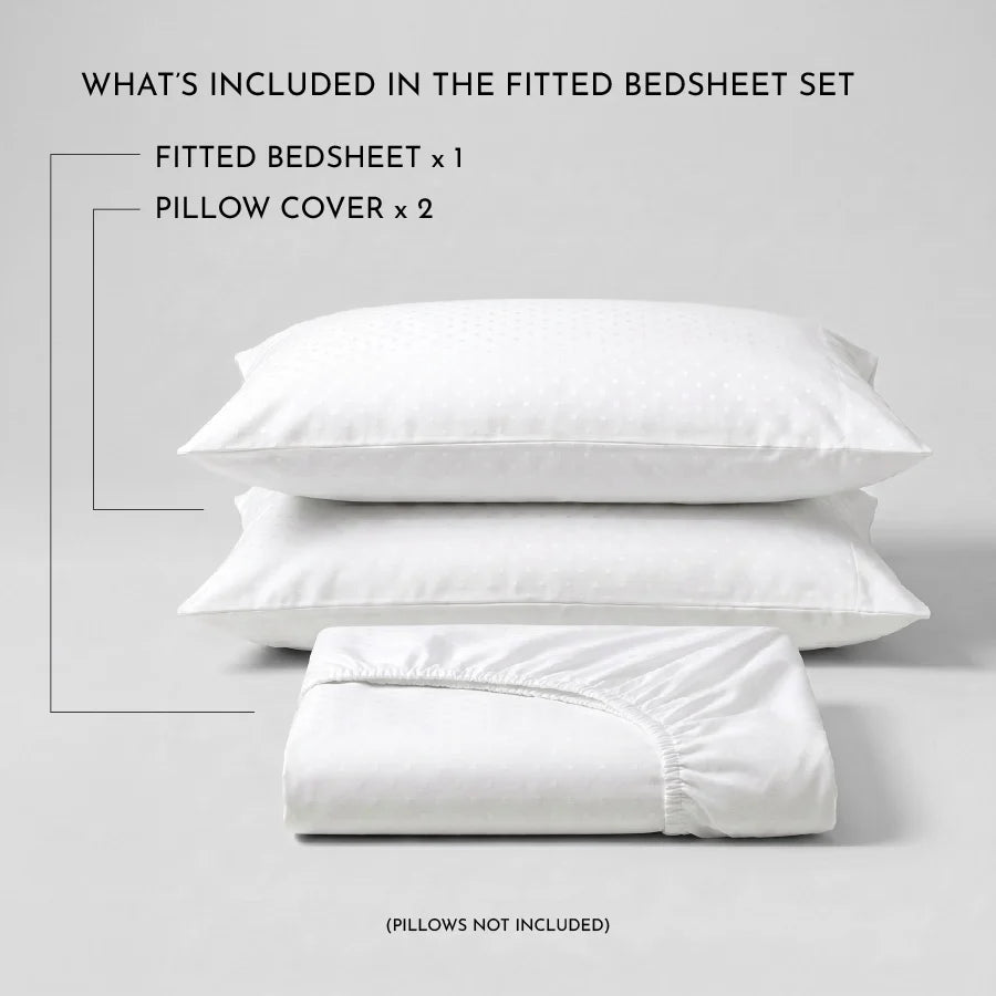 Fitted Bedsheet Set | Swiss Dot | 100% Cotton Bedsheet + 2 Pillow Cases [Sizes: King Bedsheets & Queen/ Double Bedsheets] | 300TC - Swiss-Dot-White