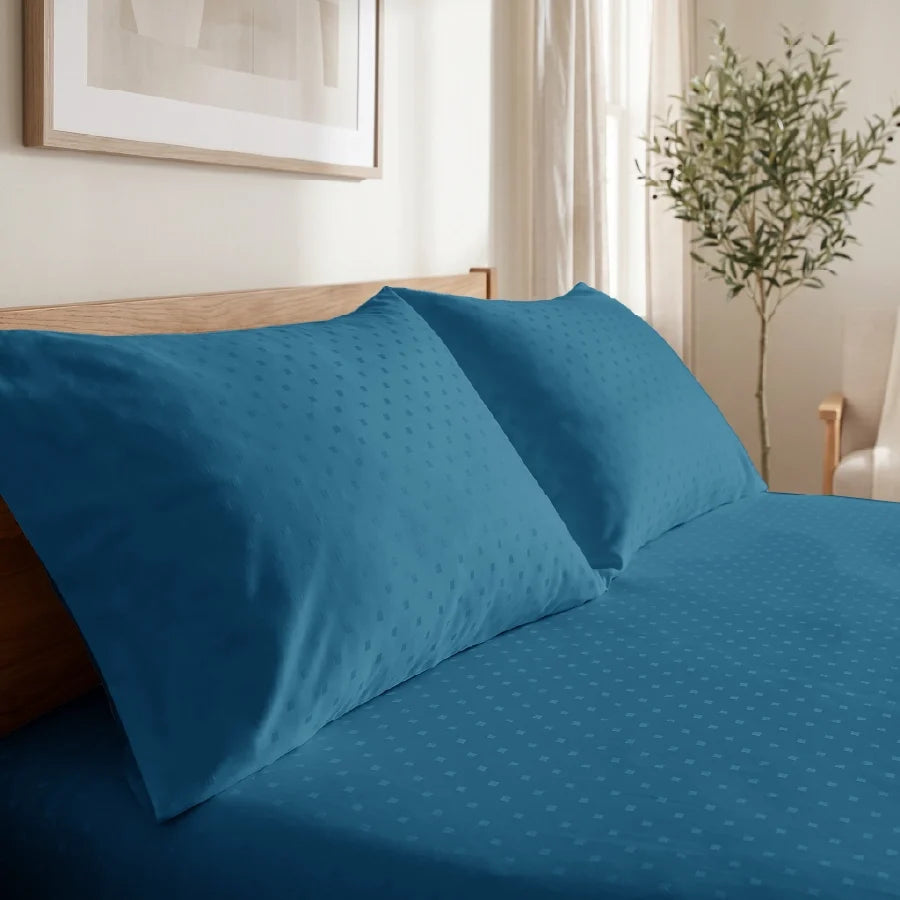 Bedsheet Set | Swiss Dot | 100% Cotton King Size Bedsheet + 2 Pillow Cases | 300TC - Swiss-Dot-Azure-Blue