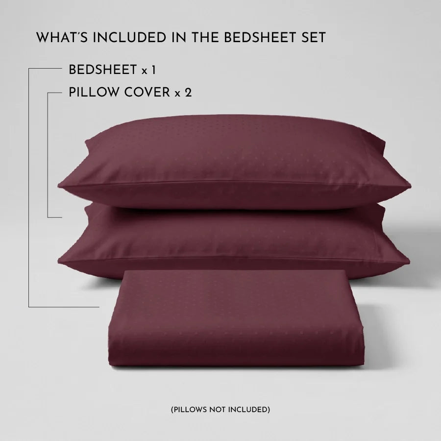 Bedsheet Set | Swiss Dot | 100% Cotton King Size Bedsheet + 2 Pillow Cases | 300TC - Swiss-Dot-Merlot
