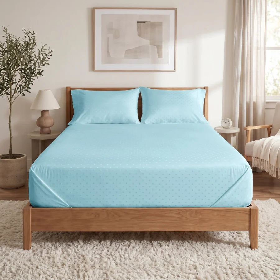 Bedsheet Set | Swiss Dot | 100% Cotton King Size Bedsheet + 2 Pillow Cases | 300TC - Swiss-Dot-Sky-Blue