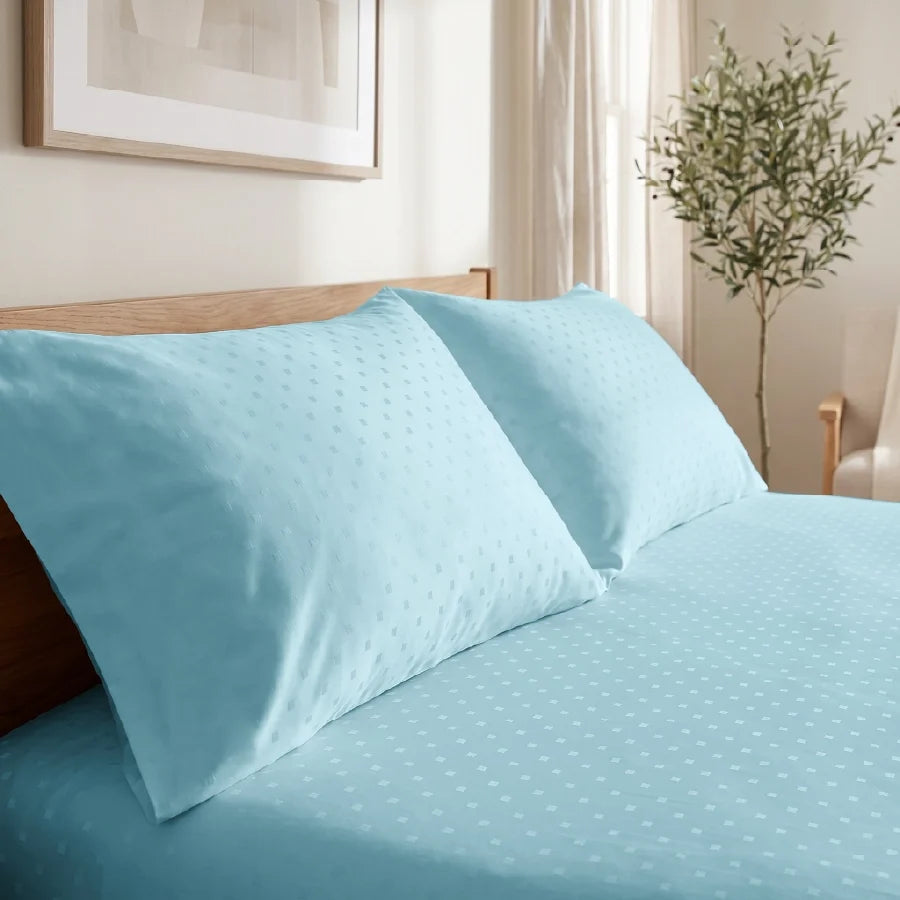 Bedsheet Set | Swiss Dot | 100% Cotton King Size Bedsheet + 2 Pillow Cases | 300TC - Swiss-Dot-Sky-Blue