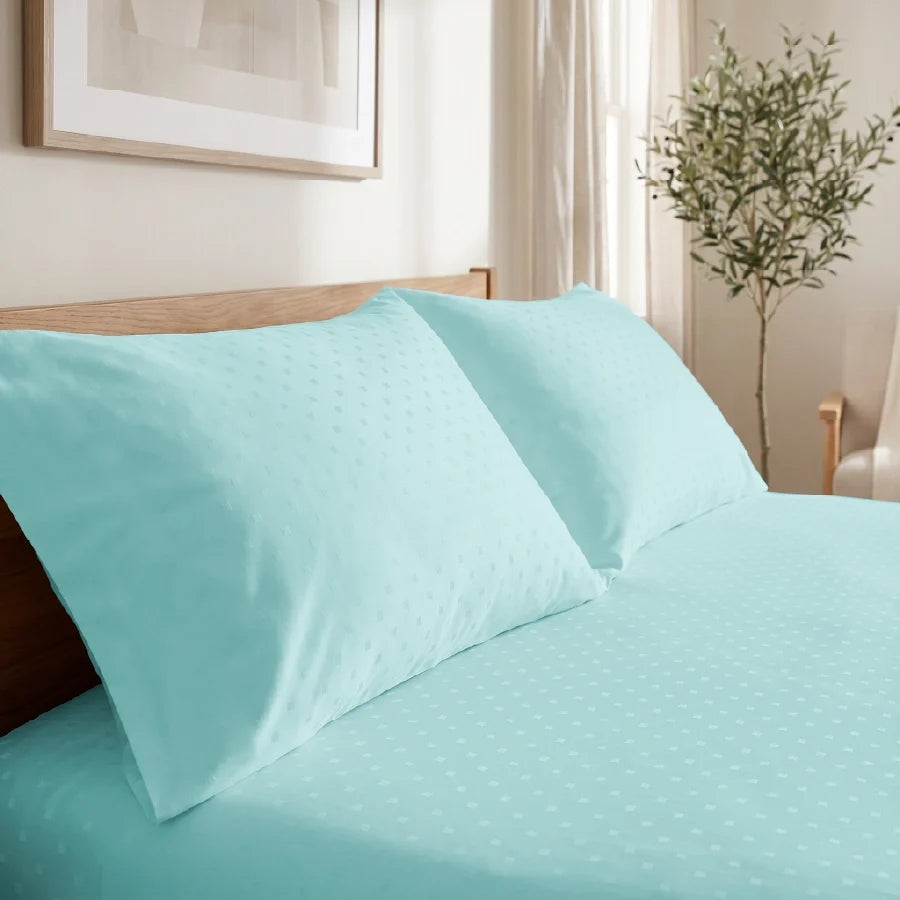 Bedsheet Set | Swiss Dot | 100% Cotton King Size Bedsheet + 2 Pillow Cases | 300TC - Swiss-Dot-Pale-Turquoise