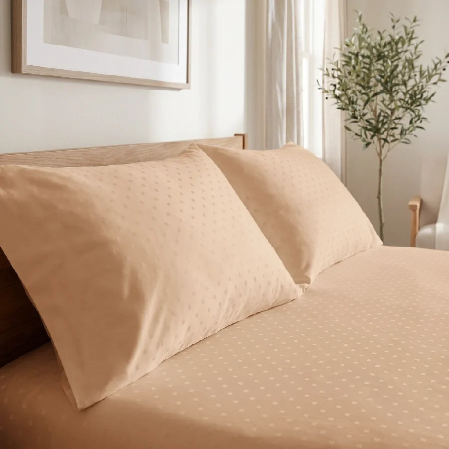 Bedsheet Set | Swiss Dot | 100% Cotton King Size Bedsheet + 2 Pillow Cases | 300TC - Swiss-Dot-Toasted-Almond