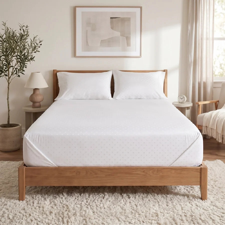 Bedsheet Set | Swiss Dot | 100% Cotton King Size Bedsheet + 2 Pillow Cases | 300TC - Swiss-Dot-White