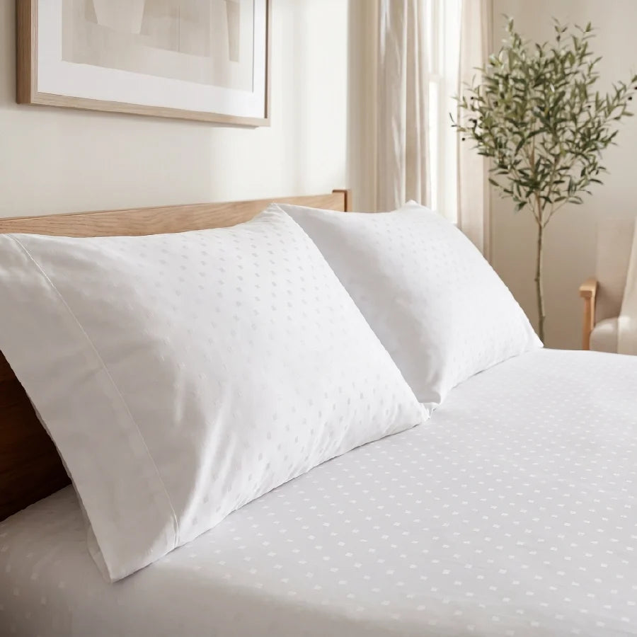 Bedsheet Set | Swiss Dot | 100% Cotton King Size Bedsheet + 2 Pillow Cases | 300TC - Swiss-Dot-White