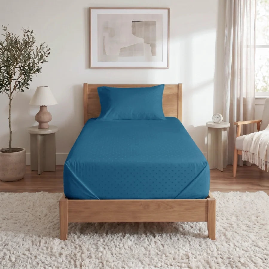 Bedsheet Set | Swiss Dot | 100% Cotton Single Size Bedsheet + 1 Pillow Case | 300TC - Single - Swiss-Dot-Azure-Blue
