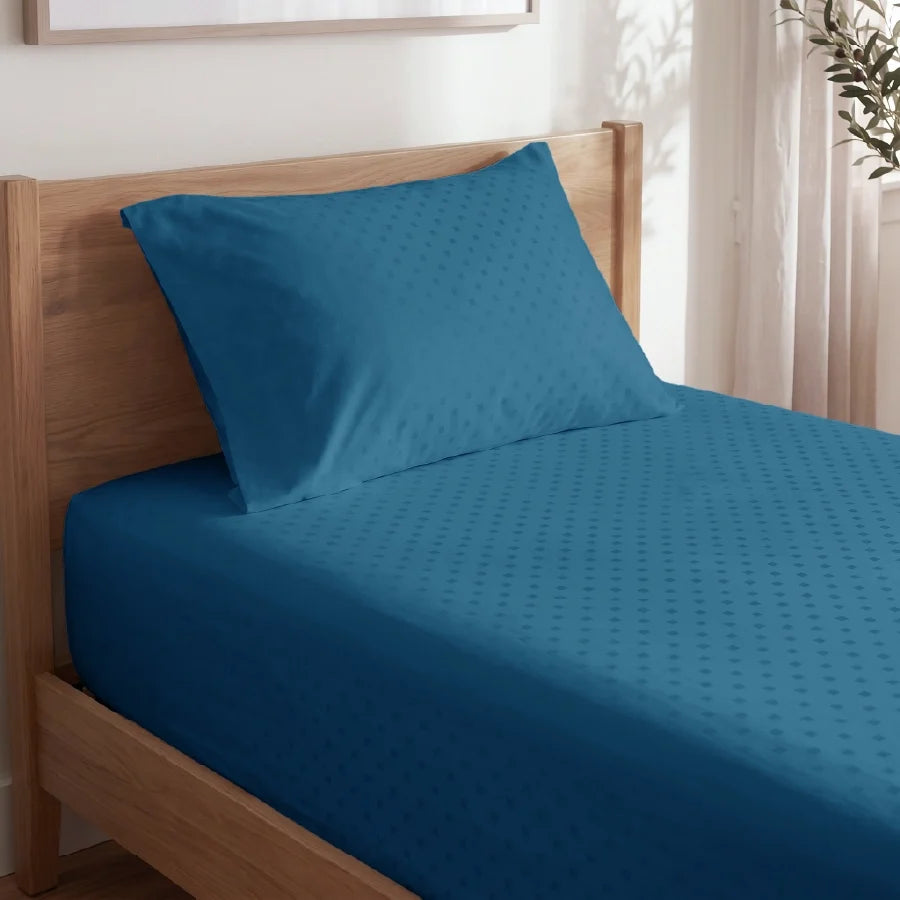 Bedsheet Set | Swiss Dot | 100% Cotton Single Size Bedsheet + 1 Pillow Case | 300TC - Single - Swiss-Dot-Azure-Blue