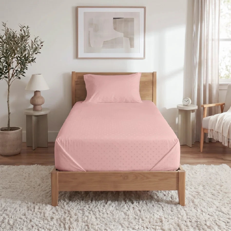 Bedsheet Set | Swiss Dot | 100% Cotton Single Size Bedsheet + 1 Pillow Case | 300TC - Single - Swiss-Dot-Cameo-Rose