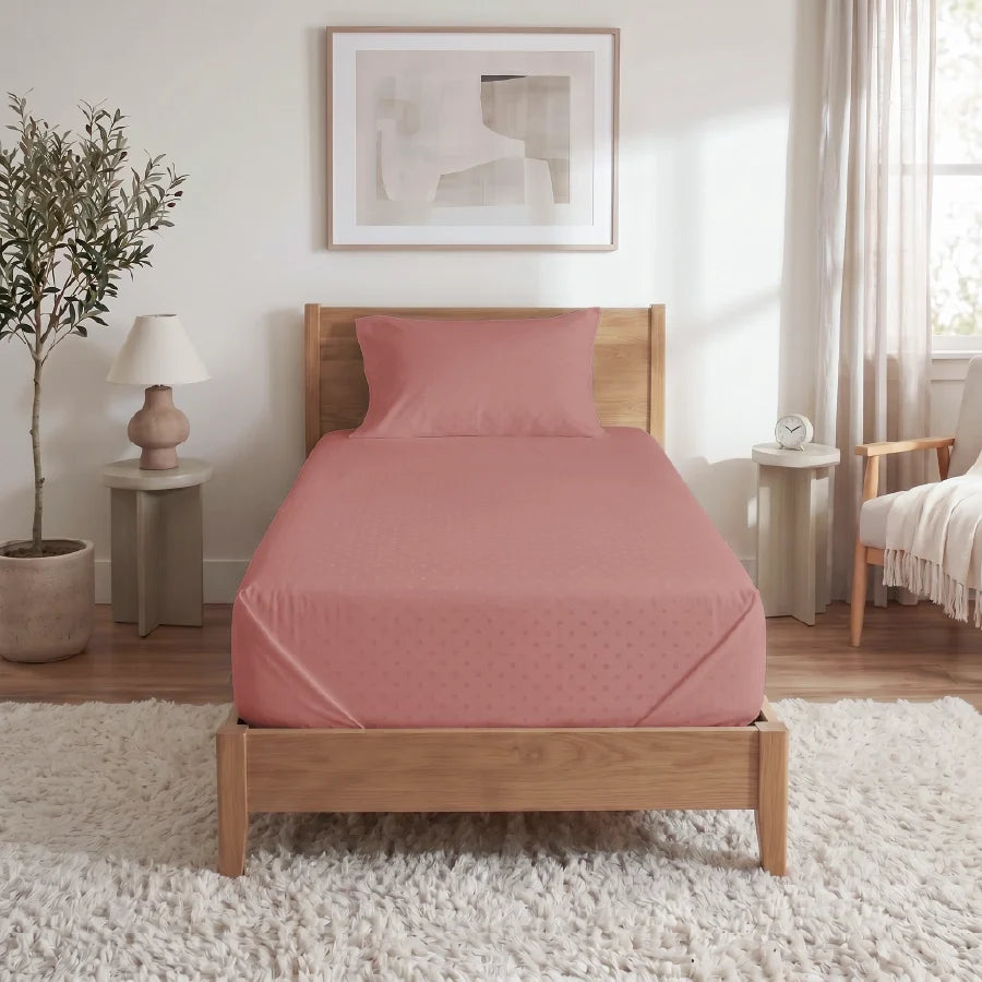Bedsheet Set | Swiss Dot | 100% Cotton Single Size Bedsheet + 1 Pillow Case | 300TC - Single - Swiss-Dot-Desert-Sand