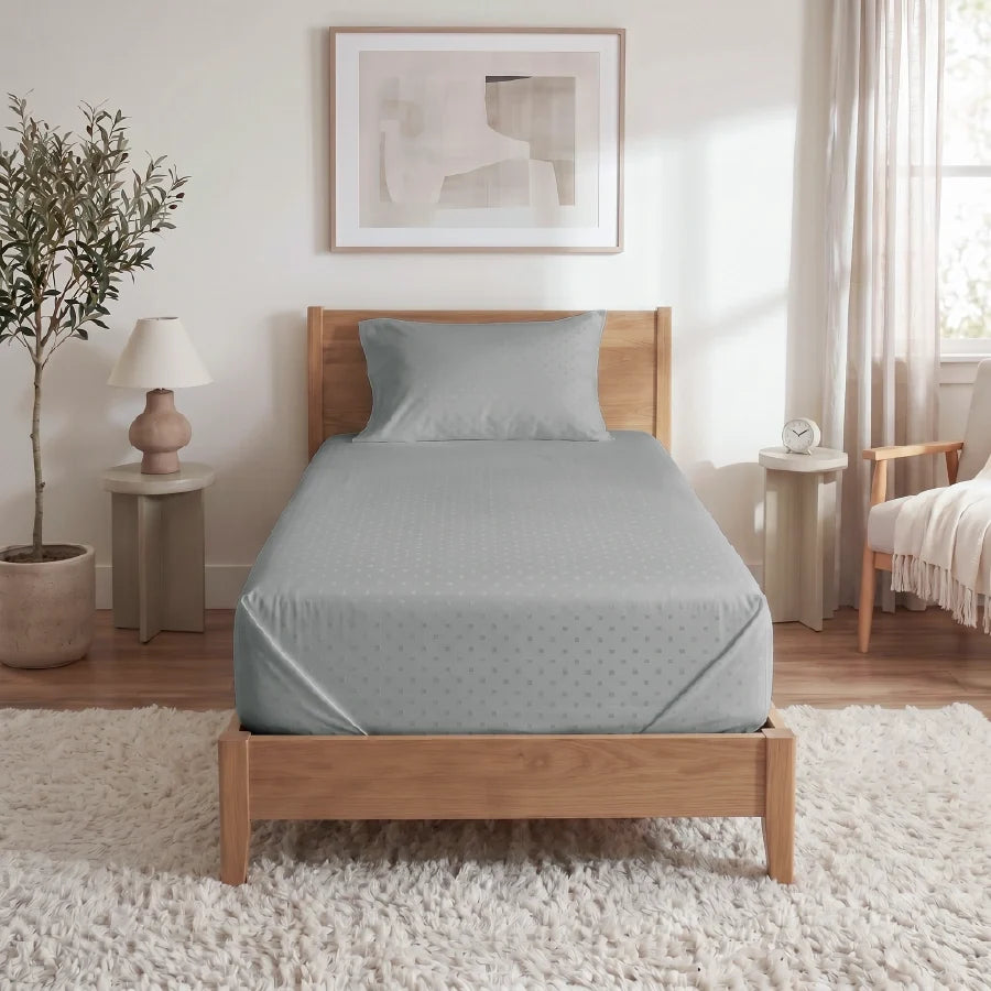Bedsheet Set | Swiss Dot | 100% Cotton Single Size Bedsheet + 1 Pillow Case | 300TC - Single - Swiss-Dot-Paloma-Grey