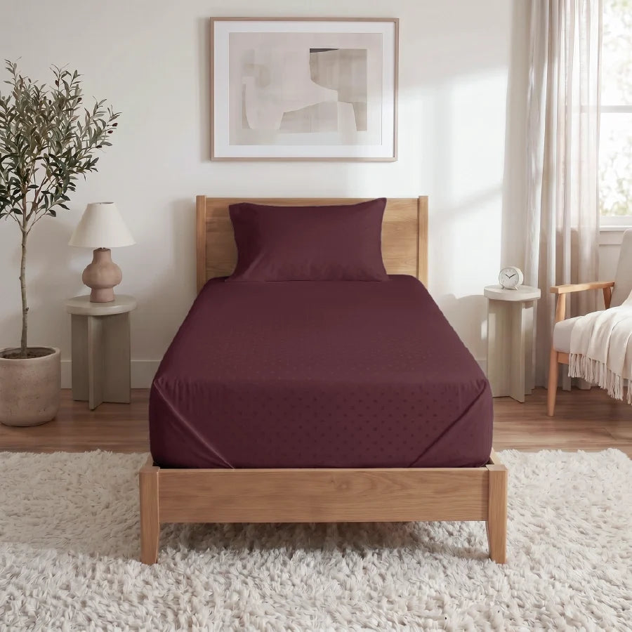 Bedsheet Set | Swiss Dot | 100% Cotton Single Size Bedsheet + 1 Pillow Case | 300TC - Single - Swiss-Dot-Merlot