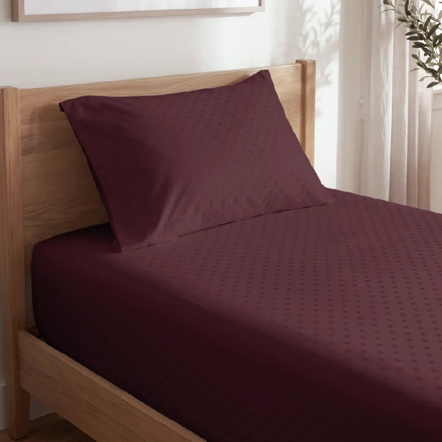 Bedsheet Set | Swiss Dot | 100% Cotton Single Size Bedsheet + 1 Pillow Case | 300TC - Single - Swiss-Dot-Merlot