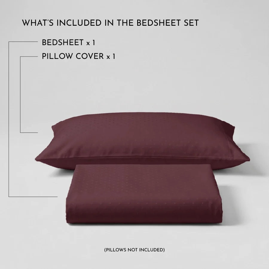 Bedsheet Set | Swiss Dot | 100% Cotton Single Size Bedsheet + 1 Pillow Case | 300TC - Single - Swiss-Dot-Merlot