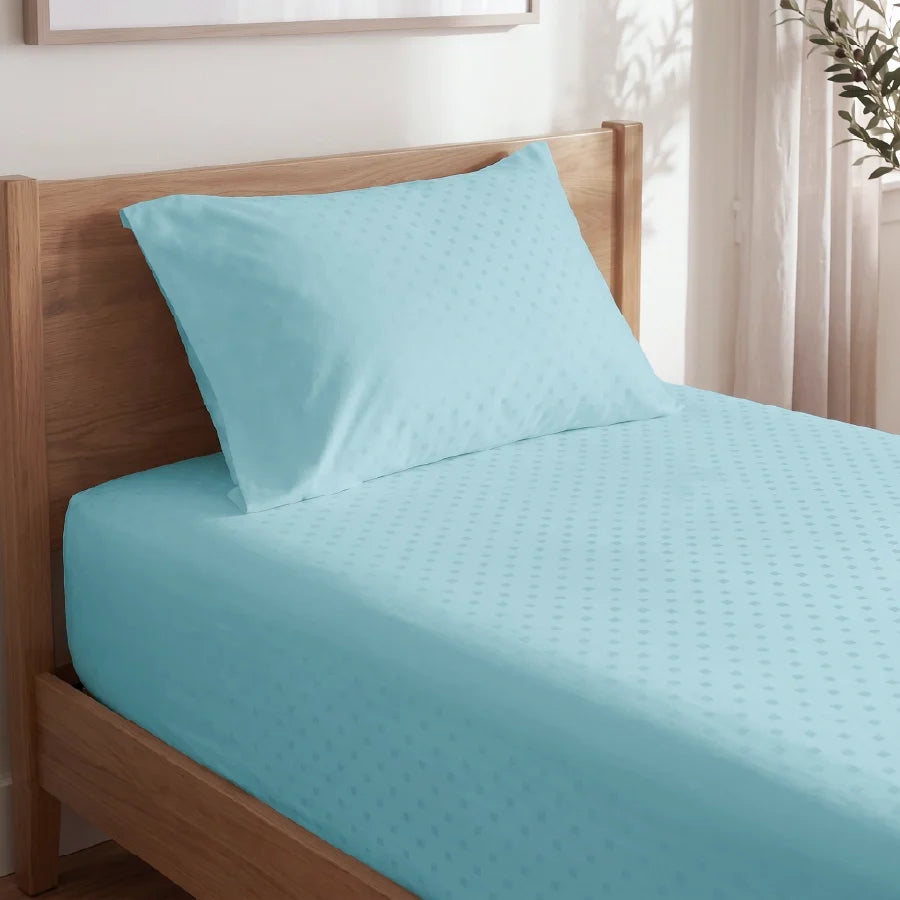 Bedsheet Set | Swiss Dot | 100% Cotton Single Size Bedsheet + 1 Pillow Case | 300TC - Single - Swiss-Dot-Sky-Blue